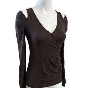 VENUS Dark Brown Long Sleeve V-Neck Top, Cold Shoulder, size Small
